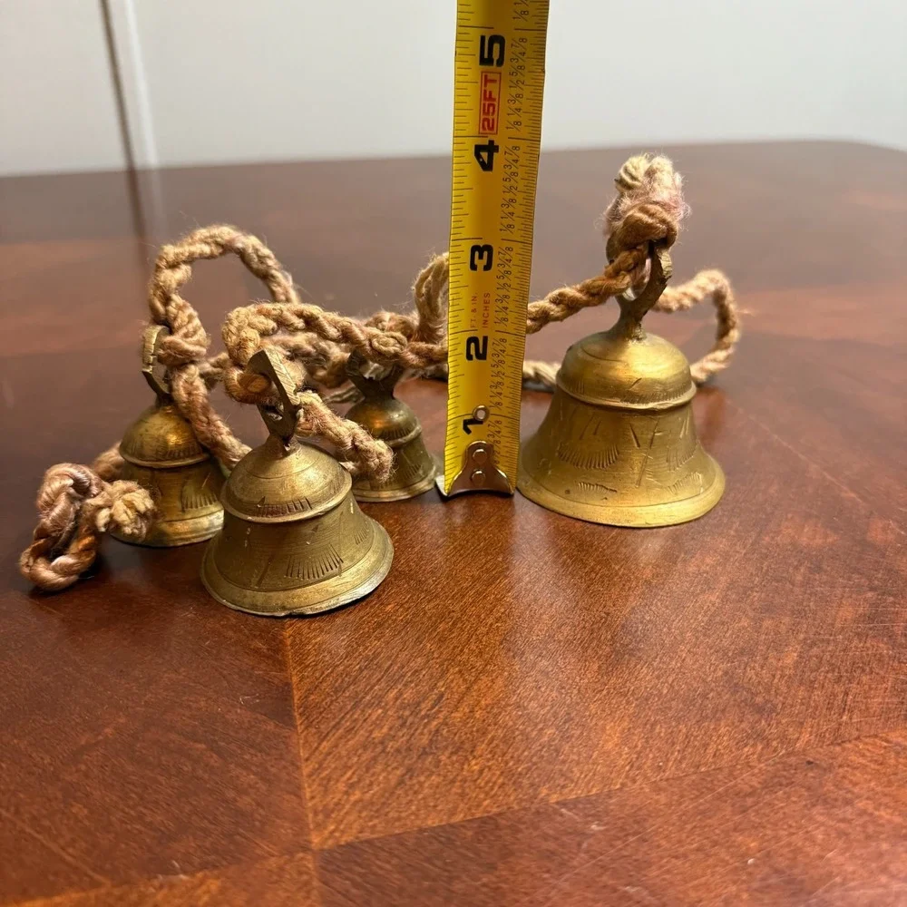 vintage indian brass hanging‎ bells lot of 4 hand engraved boho farmhouse decor